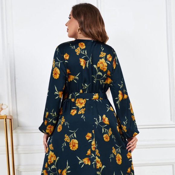 Melo Apparel Plus Size Floral Print Surplice Neck Midi Dress - Picture 6 of 8